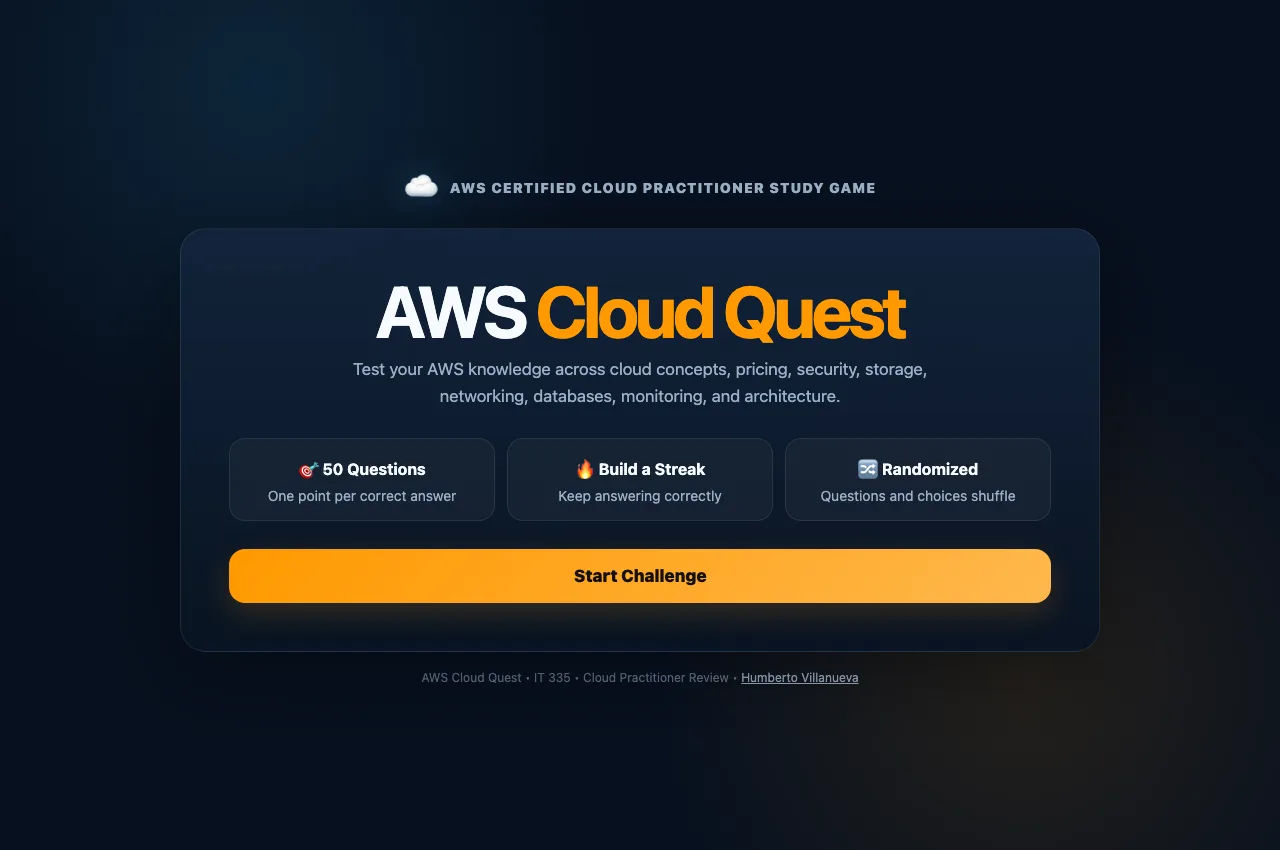 AWS Cloud Quest start screen with 50 questions, randomized choices, and streak tracking