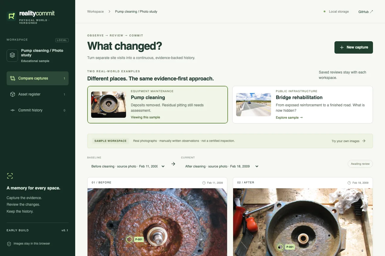 Reality Commit comparing before and after photographs in a sample pump-maintenance workspace